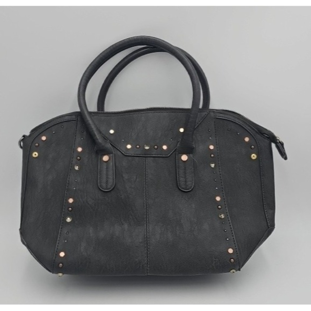 Black Faux Leather Studded Satchel Handbag Mixed Metal Accents Top Handle Bag